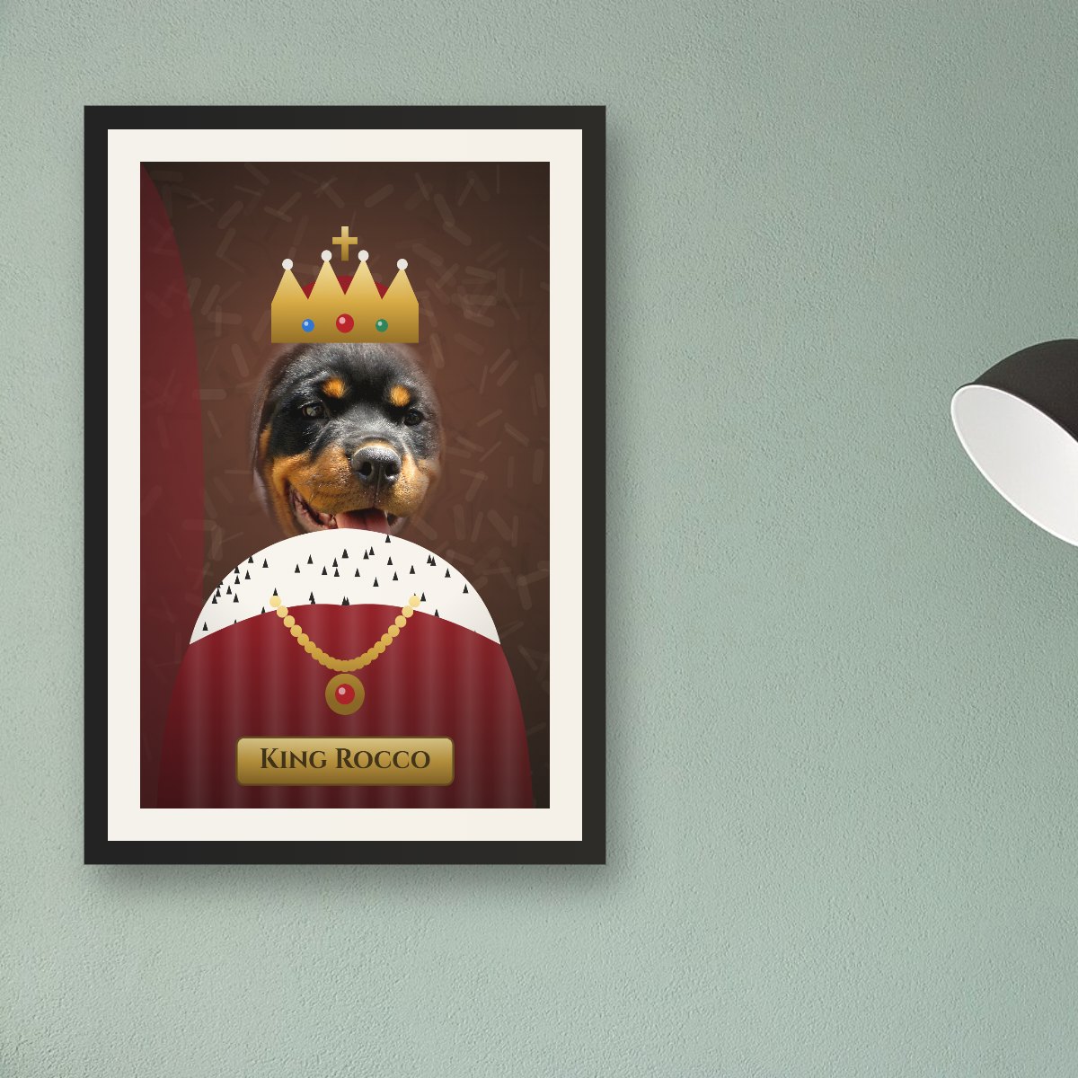 Royal pet portrait of a dog as a king, framed on a wall